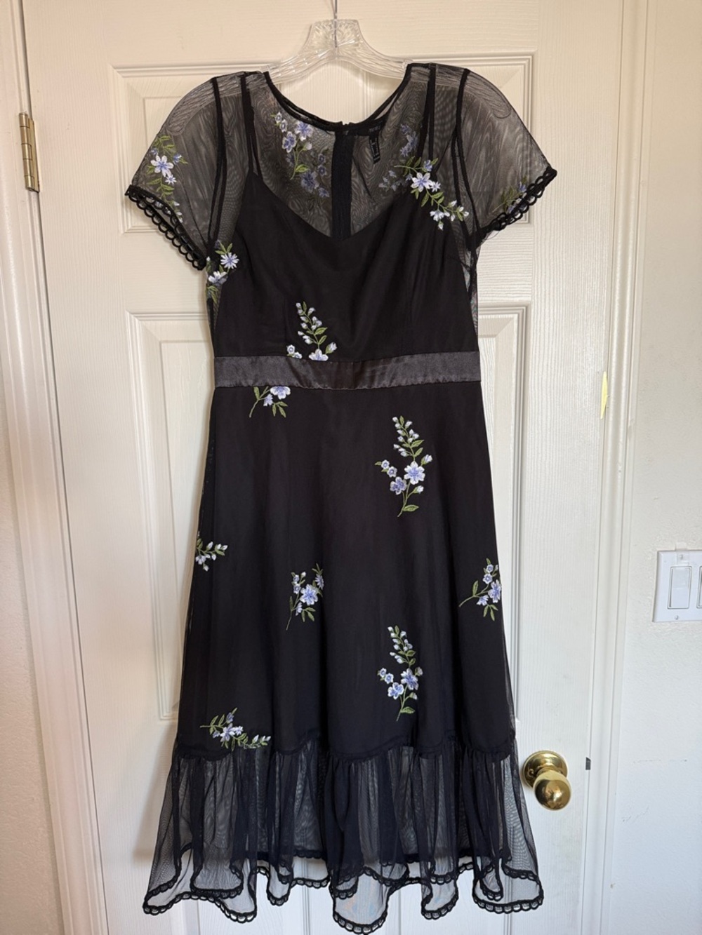 Forever 21 Black Midi Dress with blue Floral Embroidery